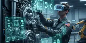 Field service technician using AR headset for machine repair, showing enhanced productivity