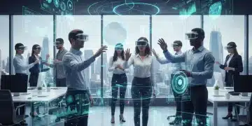 Professionals using AR headsets in a collaborative workspace, interacting with digital overlays.