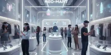 Customers utilizing augmented reality in a modern retail environment, visualizing products and enhancing their shopping experience.