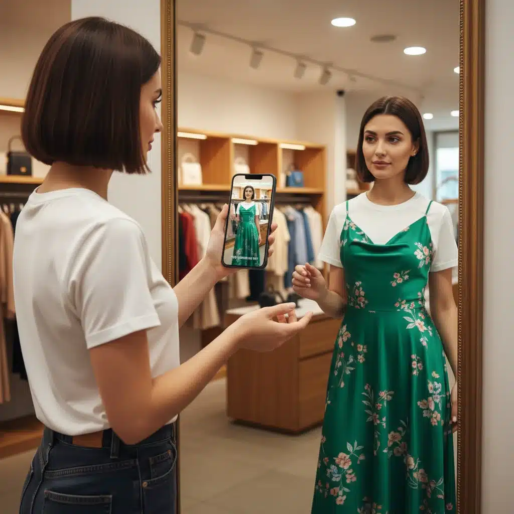 Customer using AR virtual try-on technology in a clothing store, seeing digital outfits on their reflection.