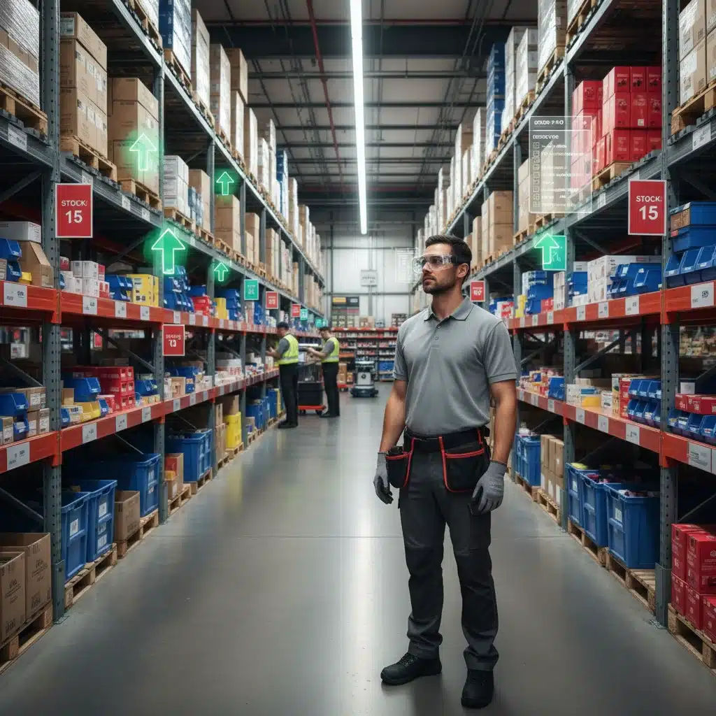 Warehouse worker using AR smart glasses for inventory management and order fulfillment, displaying digital information.