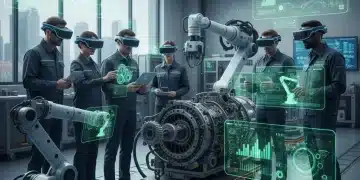 Workers using advanced augmented reality headsets in a modern industrial setting, displaying digital information over real equipment.