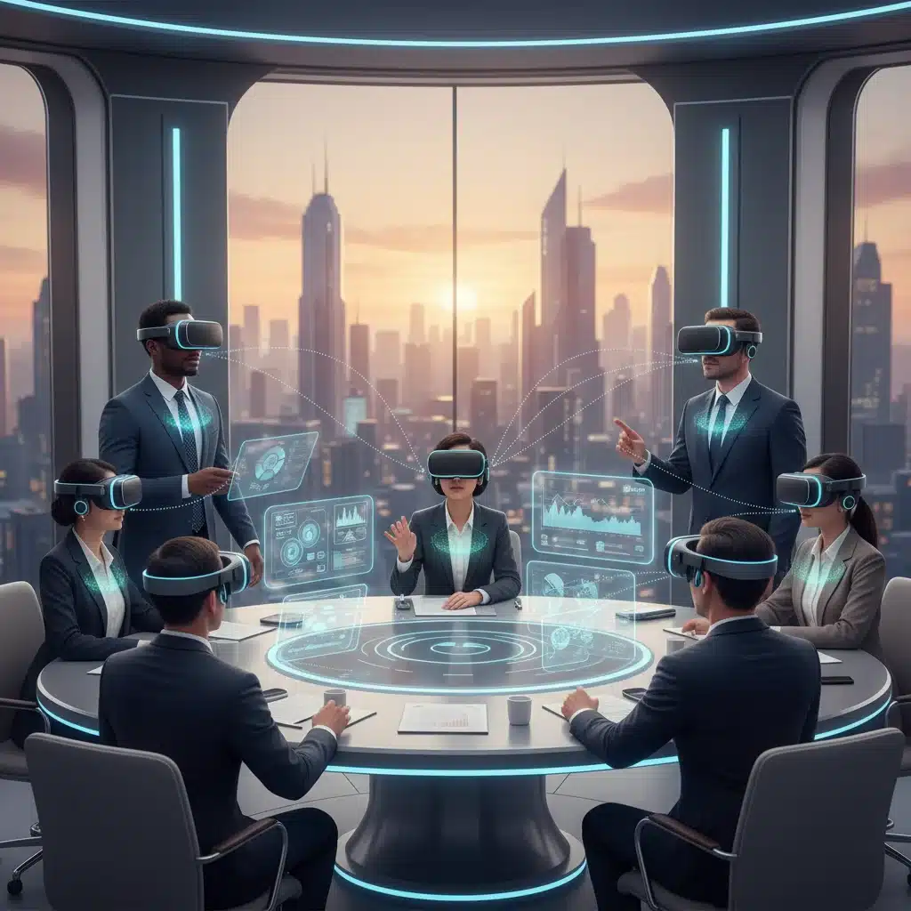 Enterprise professionals using VR headsets for virtual collaboration with immersive audio.