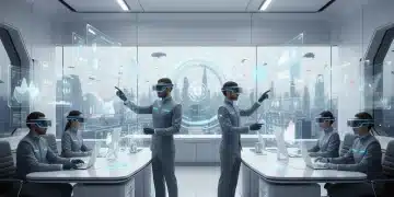 Business professionals in a modern office using VR headsets for collaboration and data analysis.