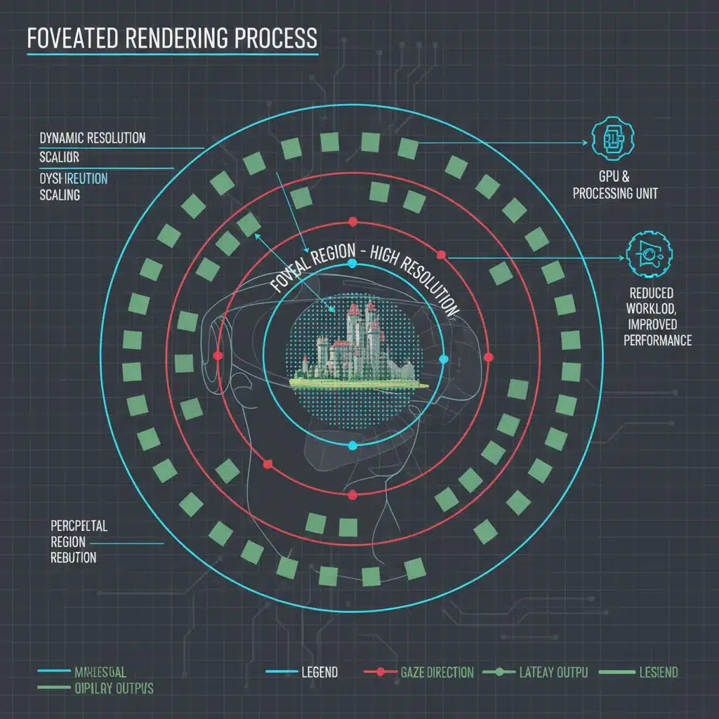 Diagram explaining foveated rendering in VR, highlighting high-resolution central vision and lower-resolution periphery.