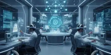 Futuristic office with employees using untethered VR headsets and advanced wireless connectivity.