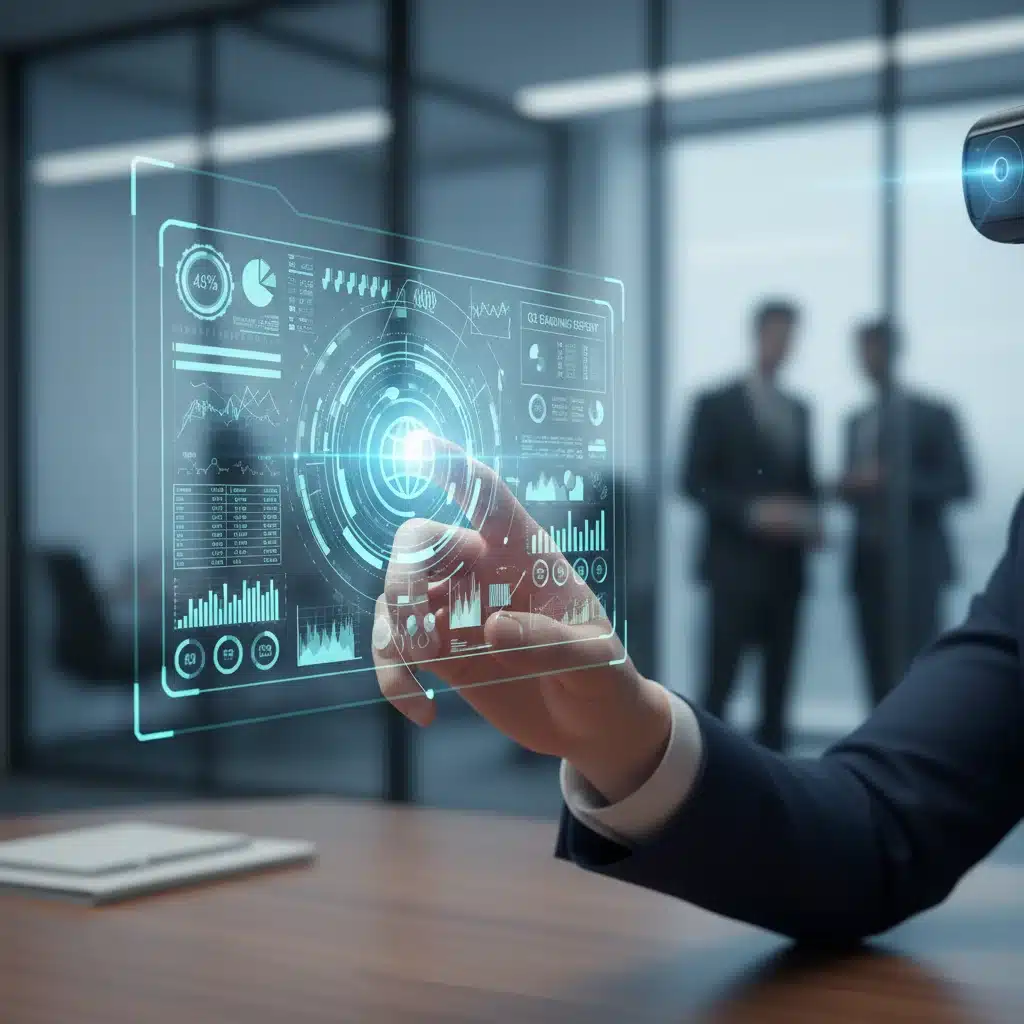 Hand interacting with holographic augmented reality interface, demonstrating intuitive control.