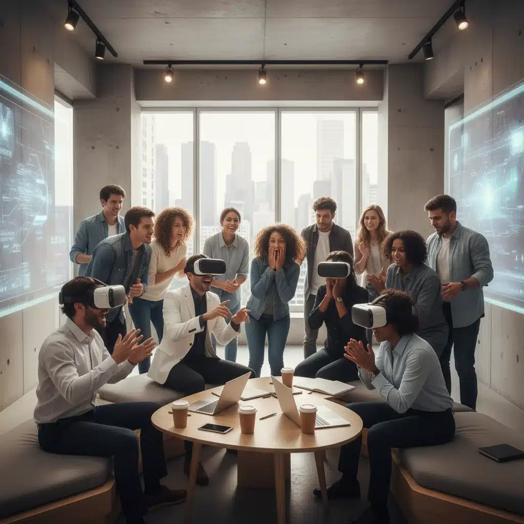 Group of people experiencing and discussing VR storytelling together.