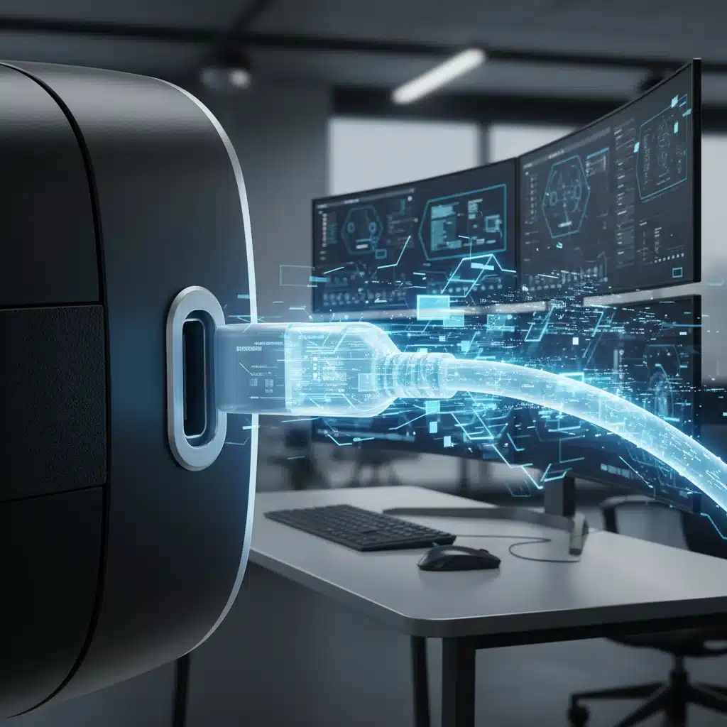 Close-up of USB-C port on VR headset showing high-speed data transfer to workstation.