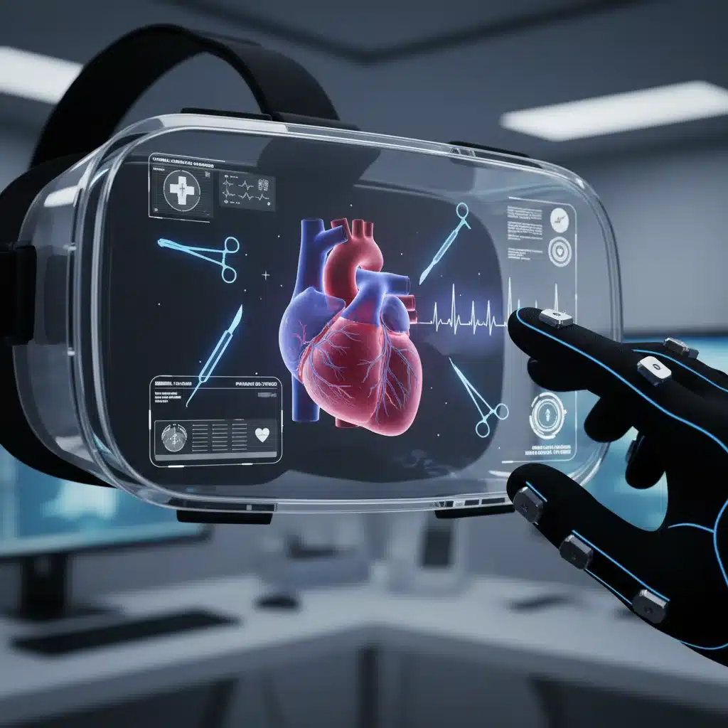 Realistic 3D anatomical model of a heart in VR for surgical simulation with haptic feedback.