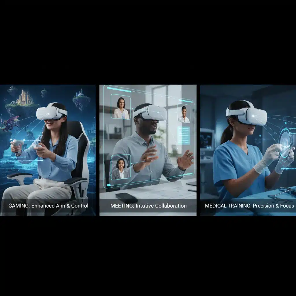 Diverse users engaging with VR headsets in gaming, professional, and medical training scenarios, enhanced by eye tracking.
