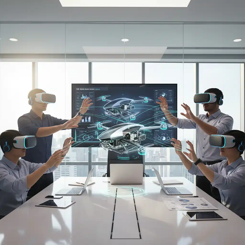 Engineers collaborating in a virtual reality environment on a 3D CAD model.