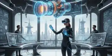 Engineer using VR CAD software for immersive design in a futuristic workspace.