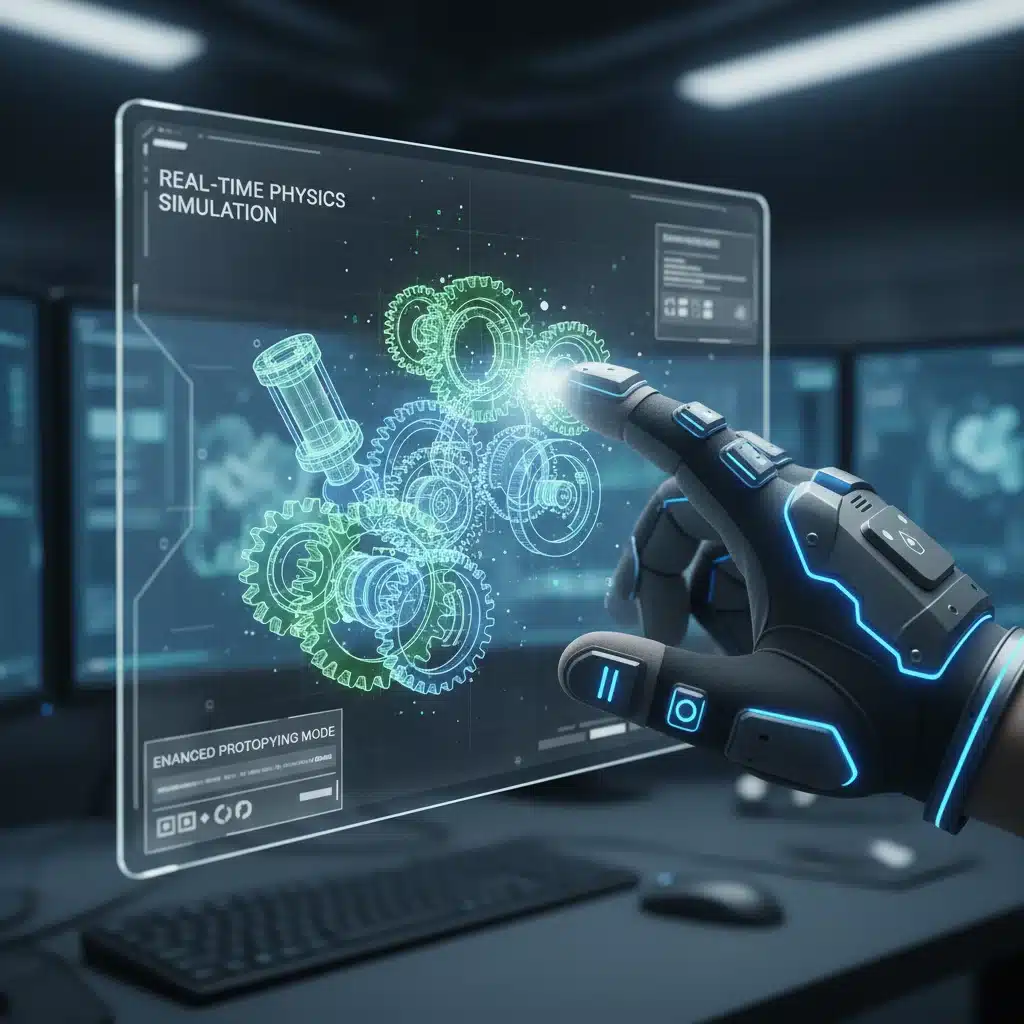 Haptic feedback glove interacting with a virtual component in VR CAD for prototyping.