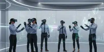 Professionals using VR headsets for corporate training in a modern office setting.