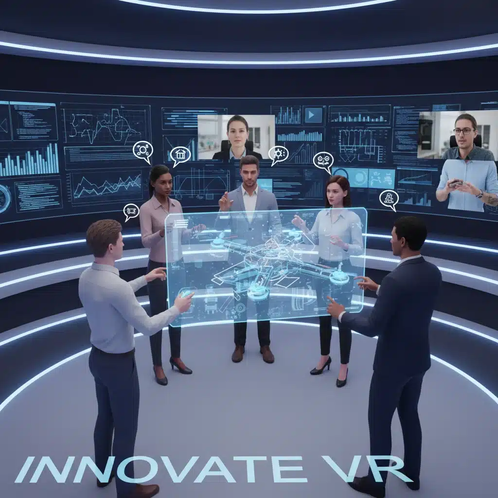 Diverse team collaborating on a 3D product design in a virtual reality meeting space.