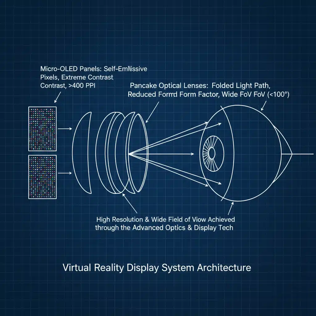 Technical diagram of VR display system components and optics