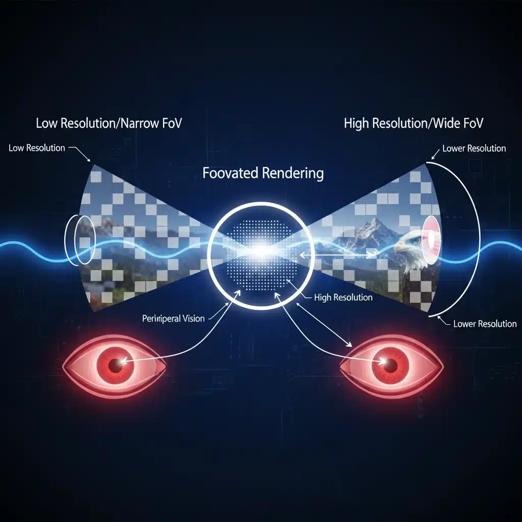 Human eye interaction with VR display, foveated rendering concept