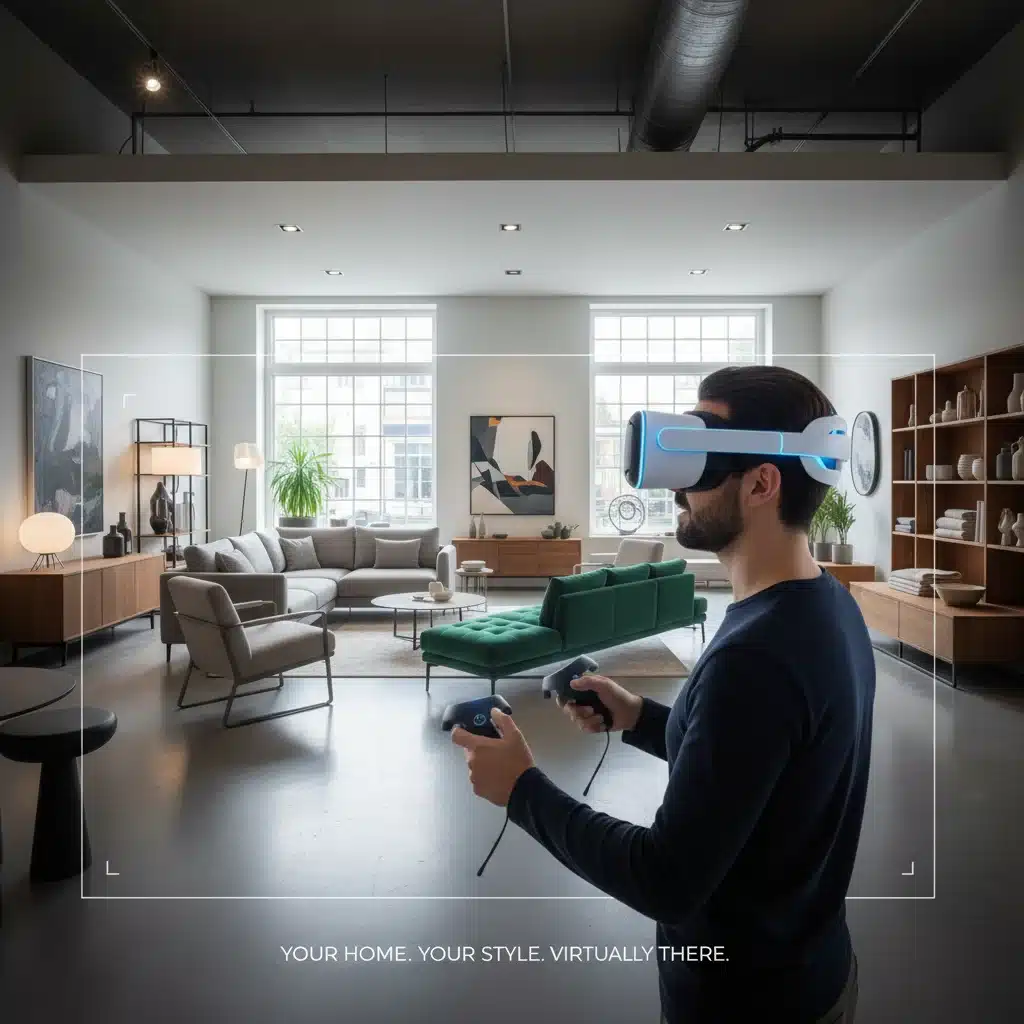 Customer using VR to visualize furniture in their home, enhancing product customization.