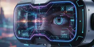 Futuristic VR headset with integrated eye-tracking technology, showing data points around the user's eye.