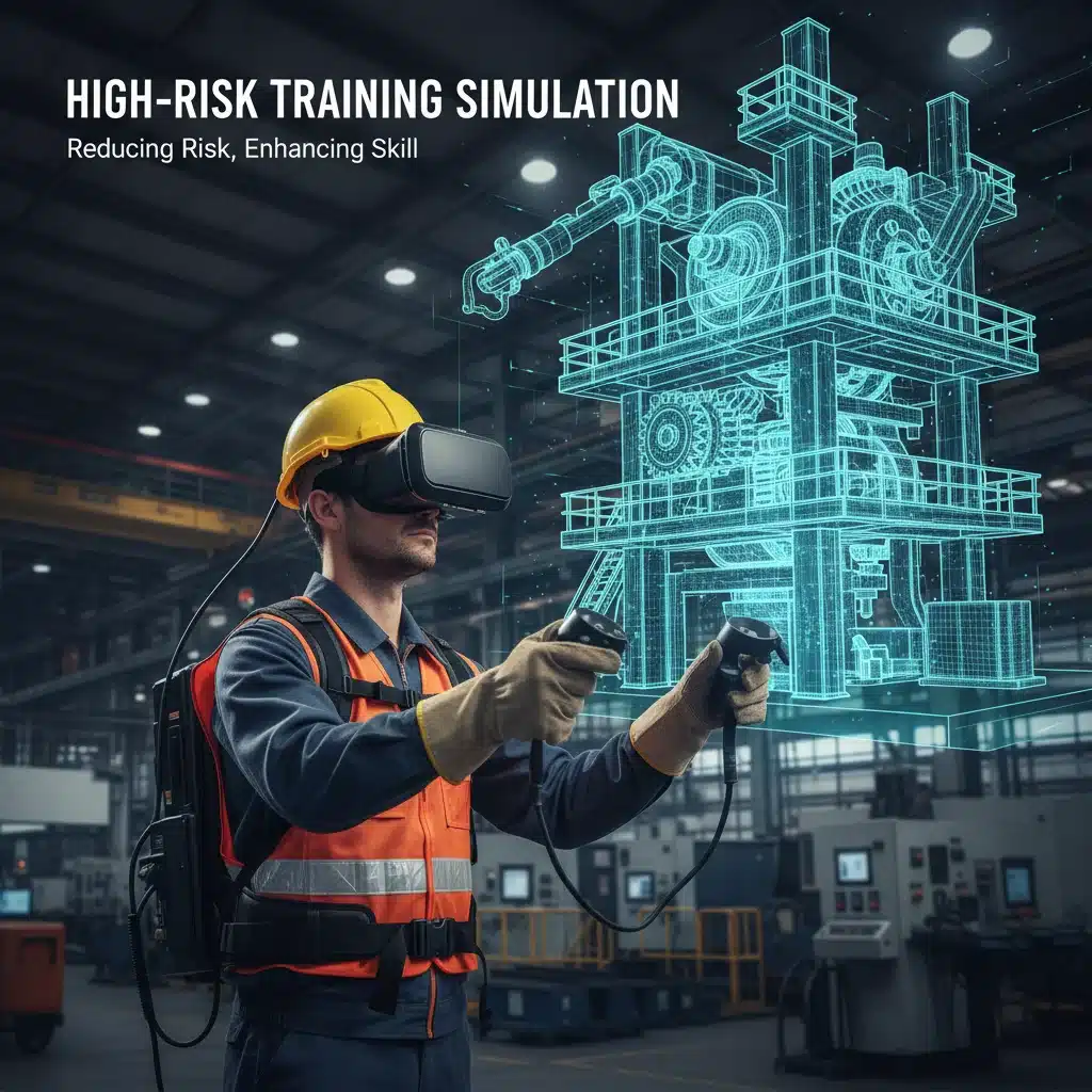 Industrial worker training on heavy machinery using a VR headset and simulation.
