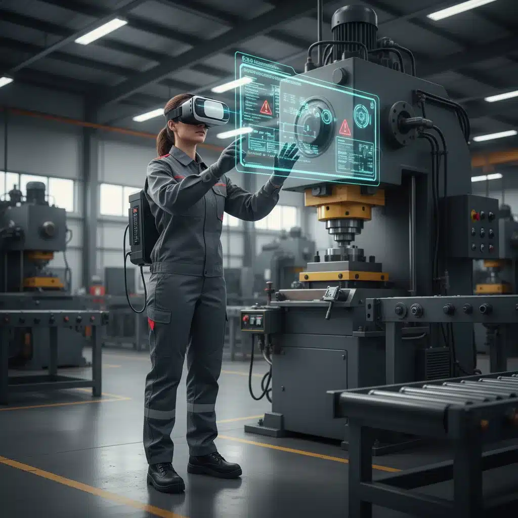 Industrial worker training with VR headset for machinery operation and safety.