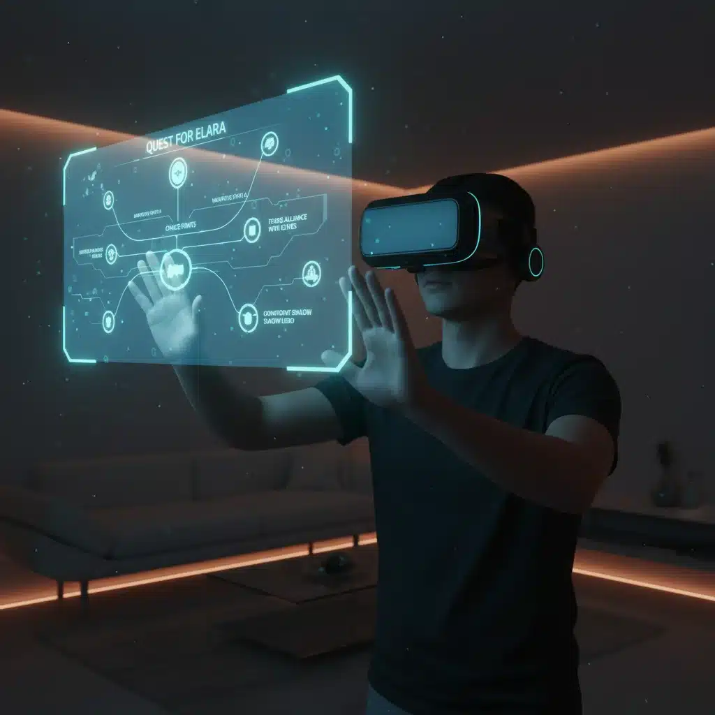 User interacting with a holographic narrative interface in VR.