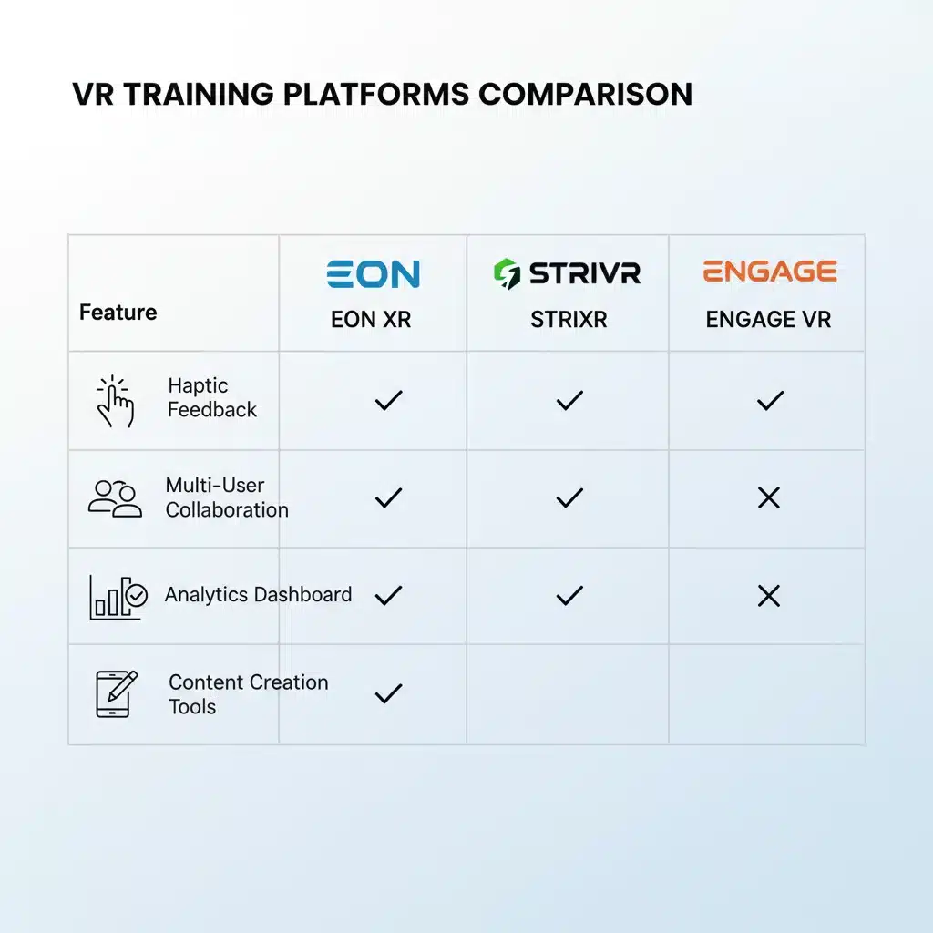 Infographic comparing features of various VR training platforms for enterprises.