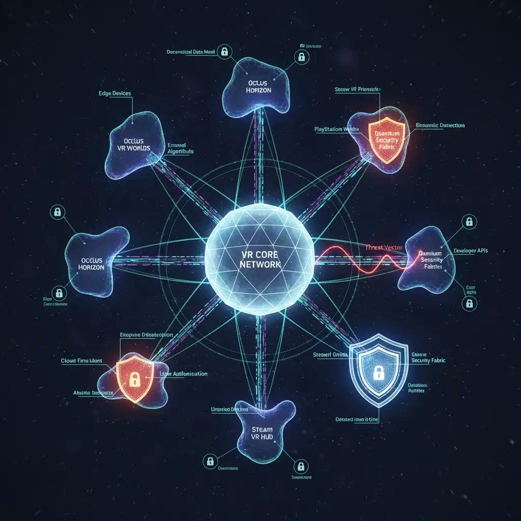 Complex network diagram illustrating VR platform security protocols