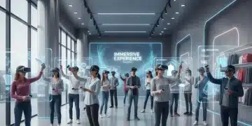 Shoppers experiencing virtual reality in a futuristic retail store, enhancing customer engagement.