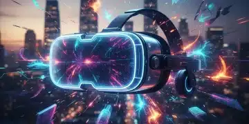 Futuristic VR headset with glowing light patterns, representing immersive storytelling.