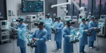 Surgeons and residents using VR headsets for advanced medical training, improving surgical skills.