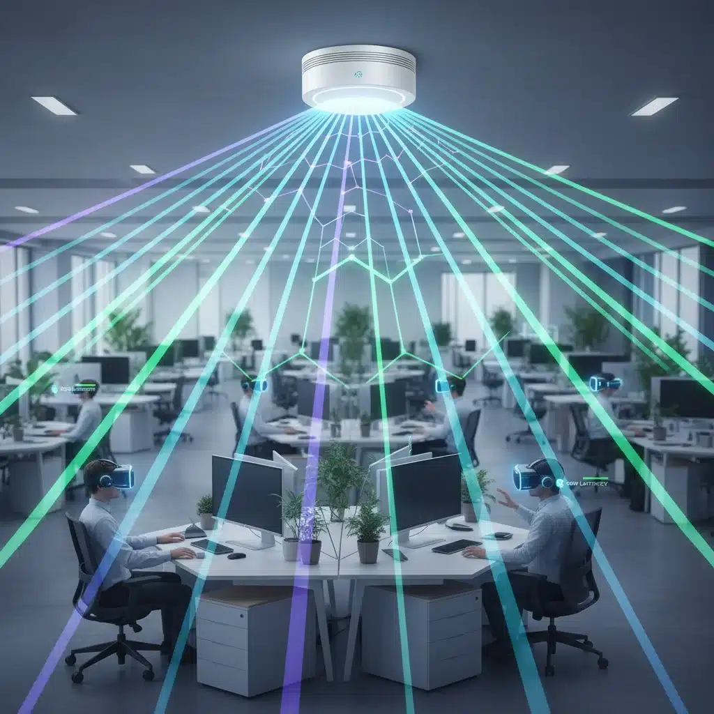 Wi-Fi 6E signals covering a large office with multiple VR headsets connected, showing strong, low-latency connections.
