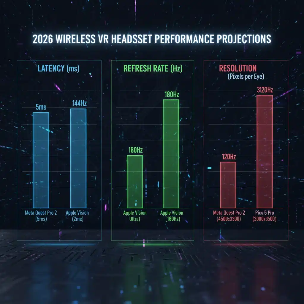 Comparison chart of 2026 wireless VR headset performance metrics: latency, refresh rate, resolution.