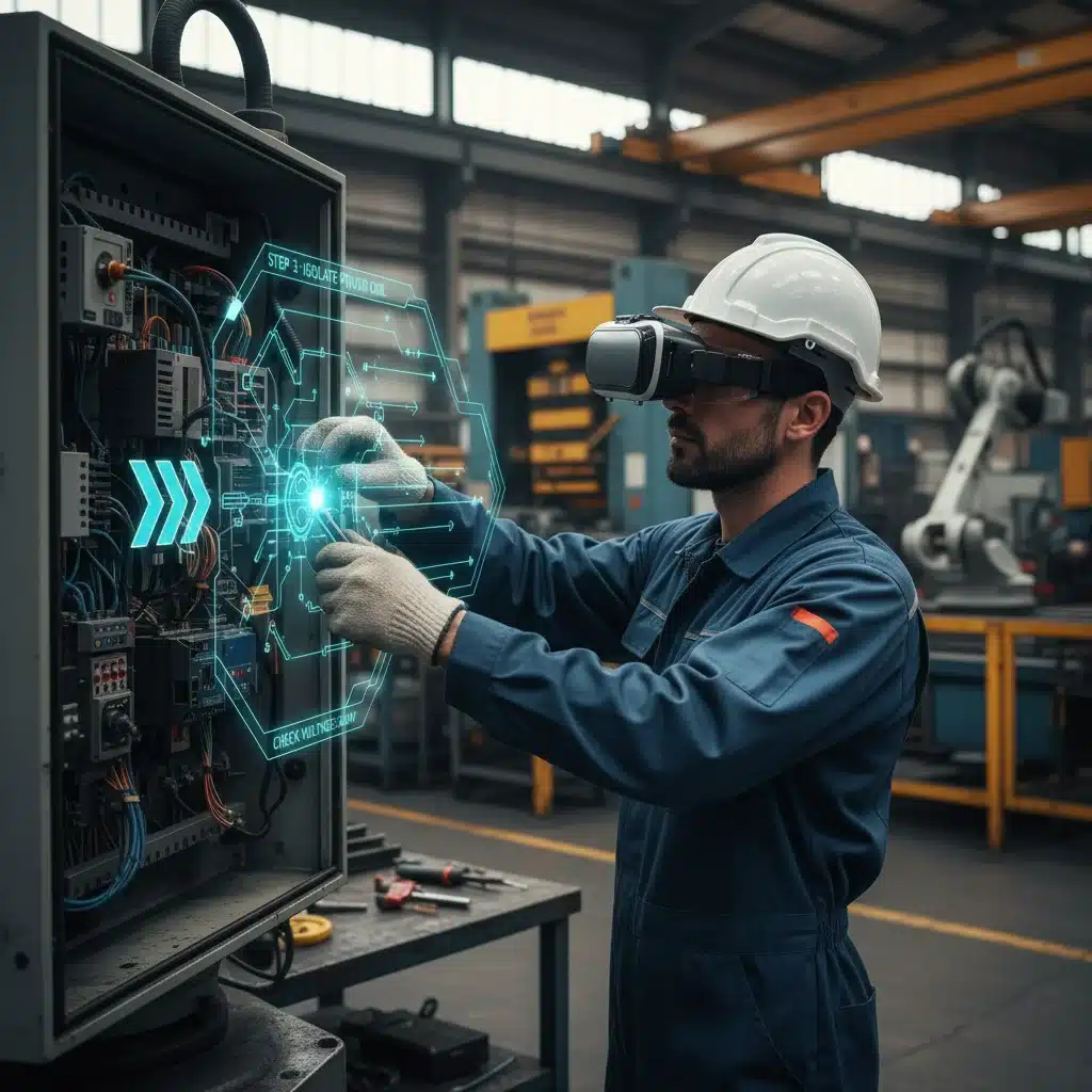 Engineer using augmented reality for guided industrial equipment maintenance.