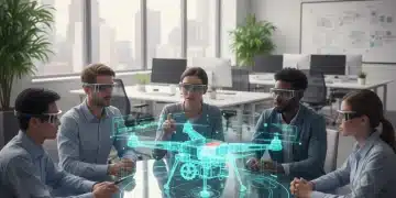 Team collaborating with AR prototype in modern office