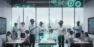 Professionals using AR headsets for immersive training, demonstrating cost savings and efficiency.