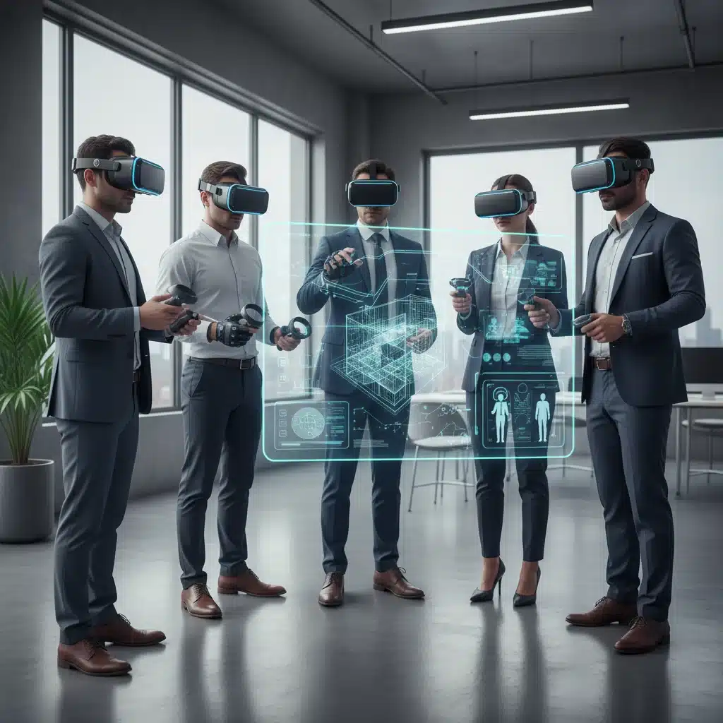 Business professionals collaborating in VR with diverse ergonomic controllers.