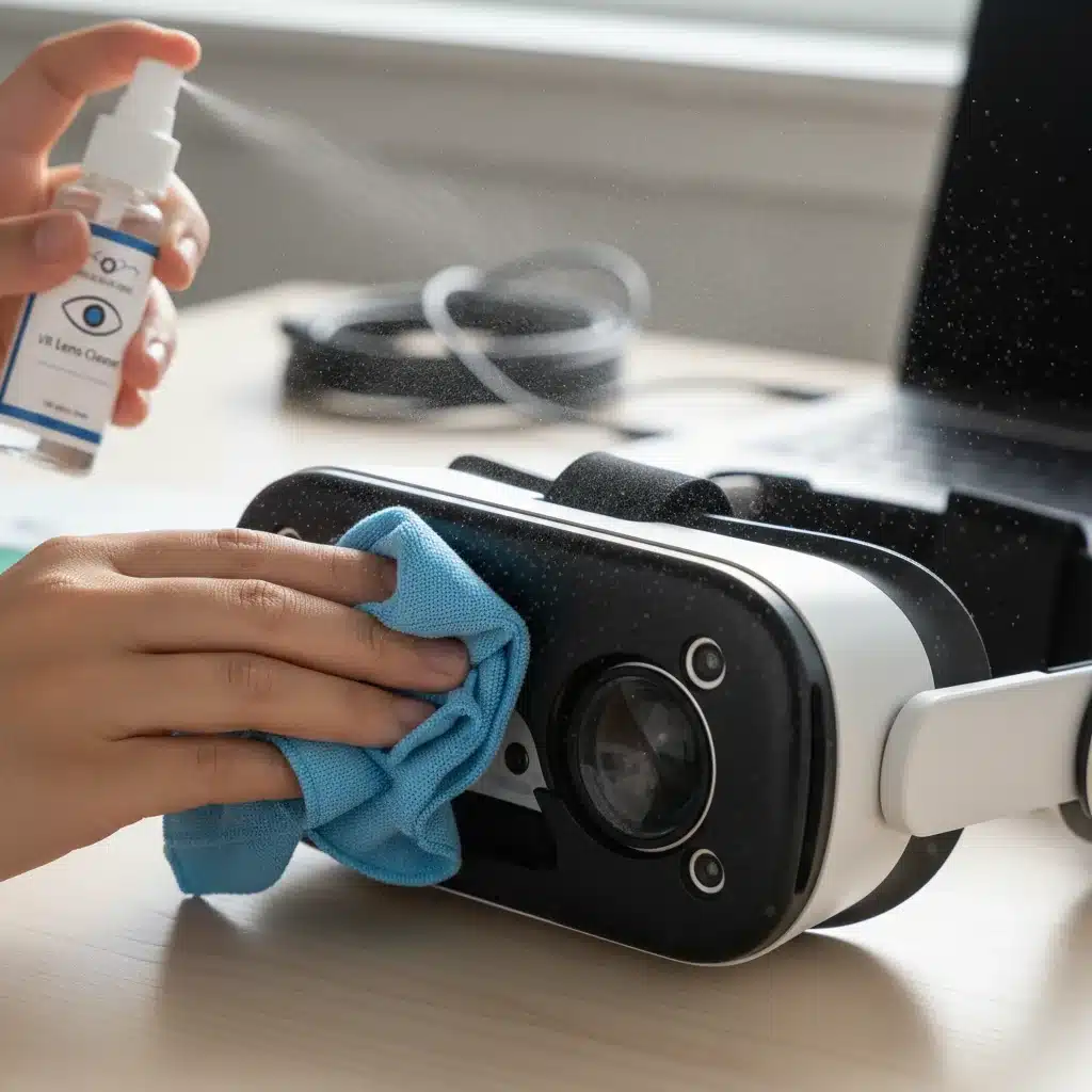Cleaning VR headset lenses and sensors with microfiber cloth.