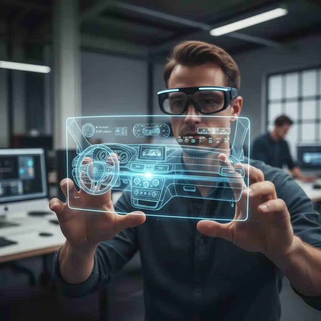 Designer interacting with virtual car dashboard using AR glasses