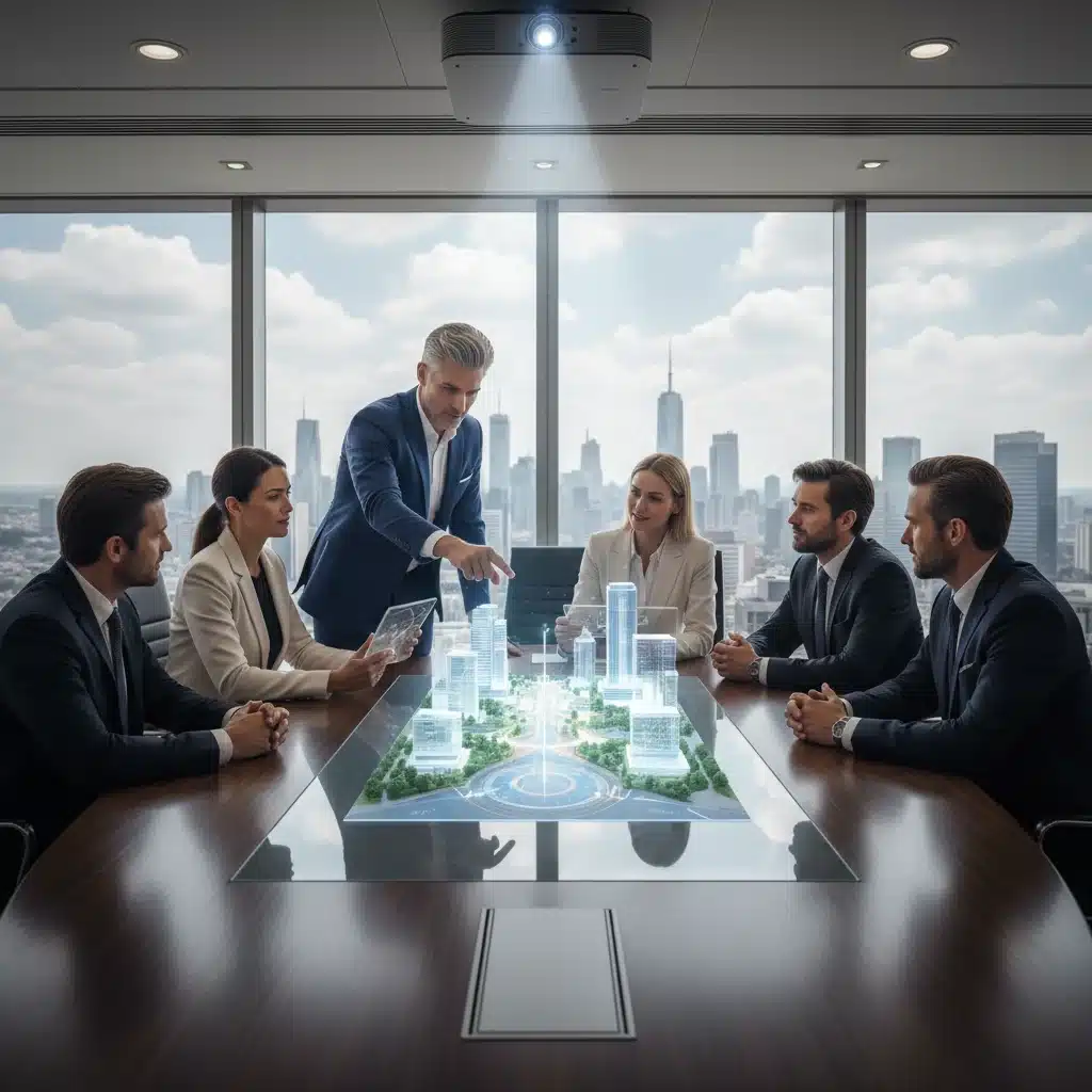 Executives reviewing virtual architectural model with AR