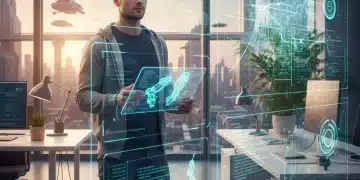 Futuristic augmented reality interface with holographic elements and developer working on AR project