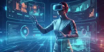 Futuristic designer using advanced VR design tools to create 3D models in a virtual environment.