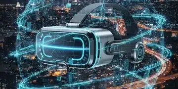 Futuristic wireless VR headset with glowing blue accents amidst digital data streams, representing 2026 VR technology.
