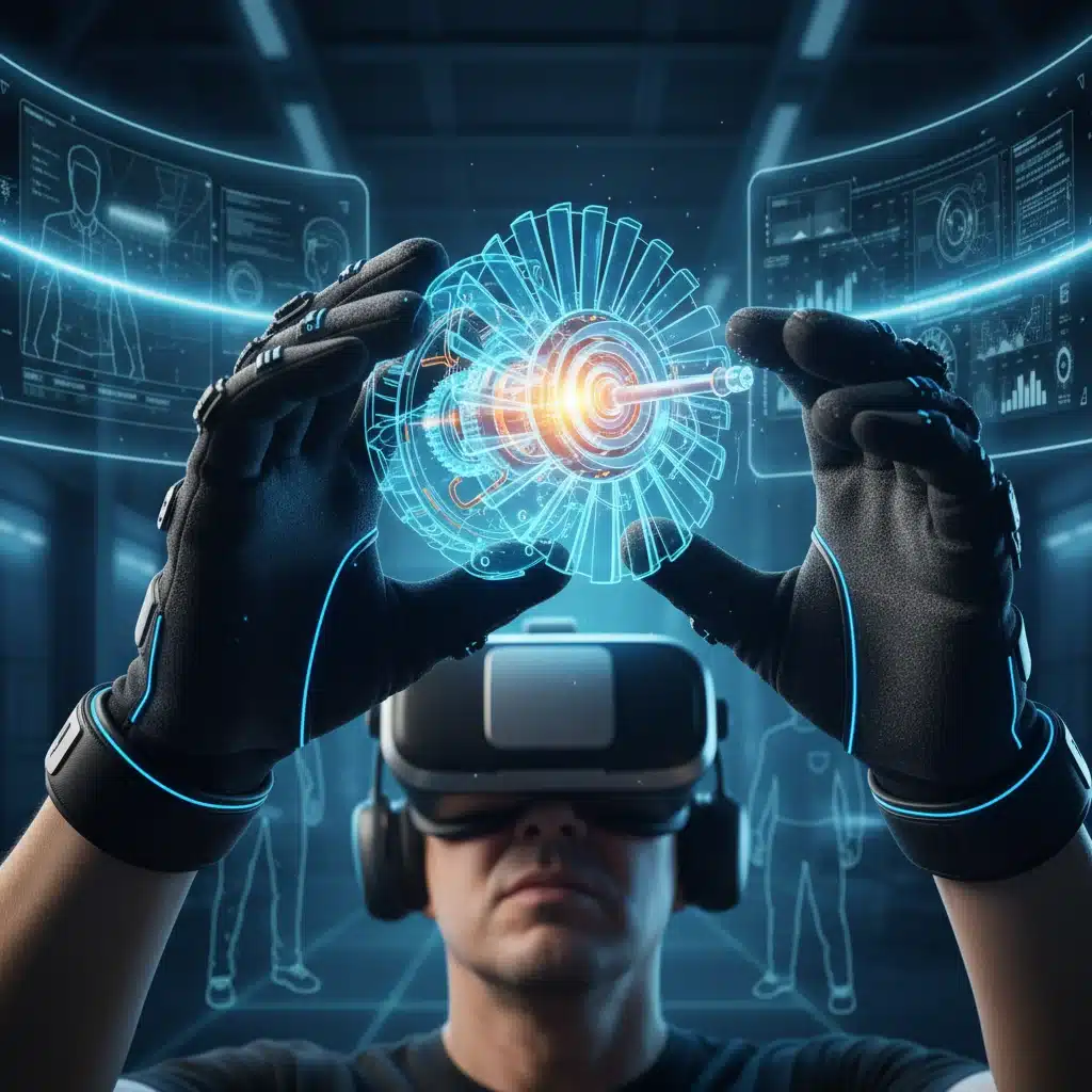 VR user's hands with haptic gloves interacting with a virtual engine part.