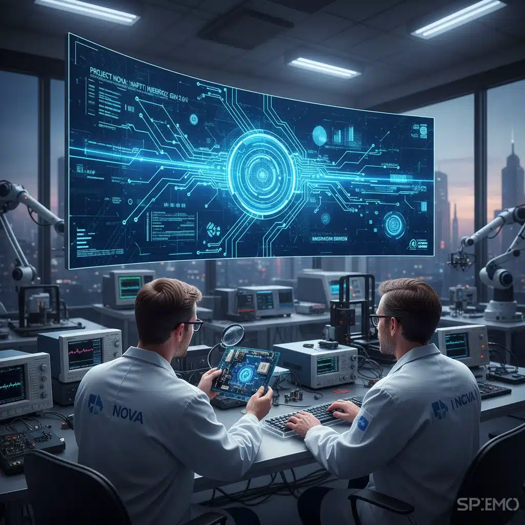 Engineers developing haptic technology in a lab