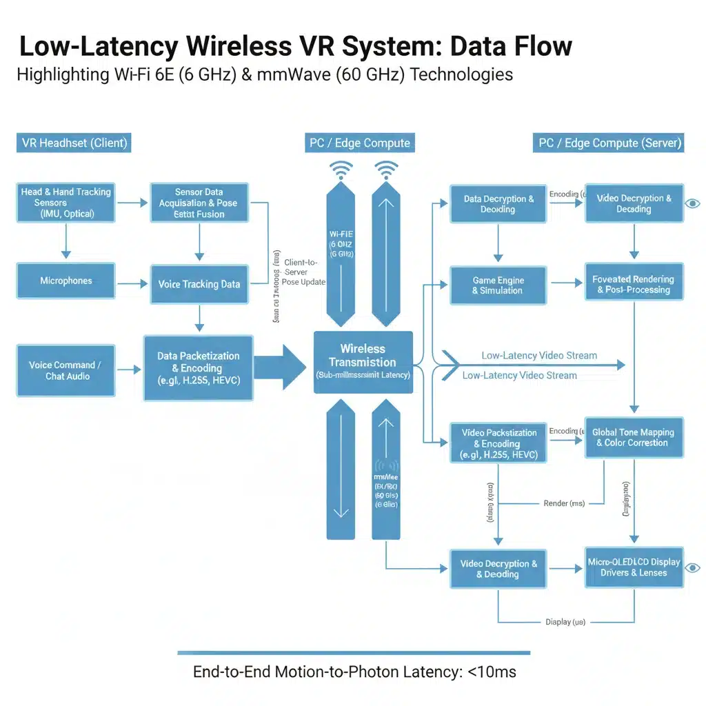 Diagram of low-latency wireless VR data flow, showcasing Wi-Fi 6E and mmWave technology.