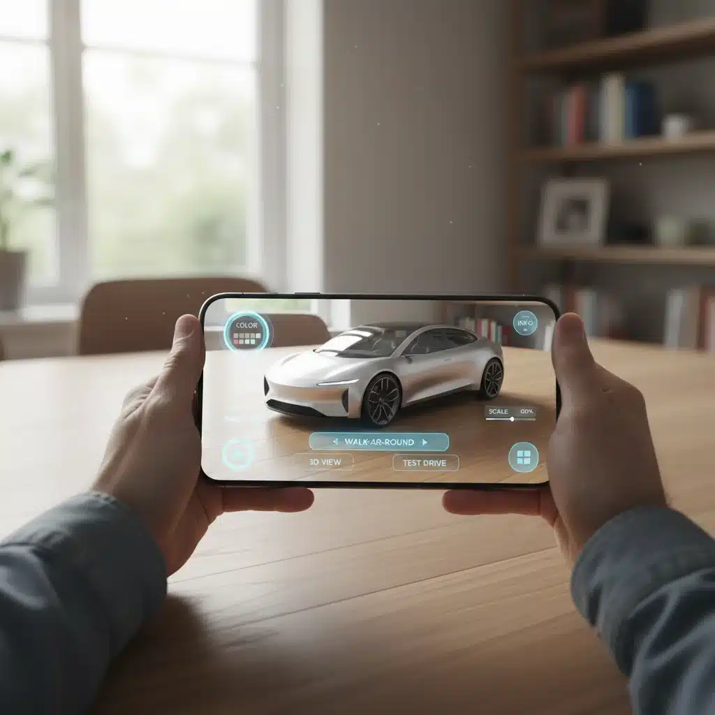 Smartphone displaying advanced augmented reality application with 3D product model