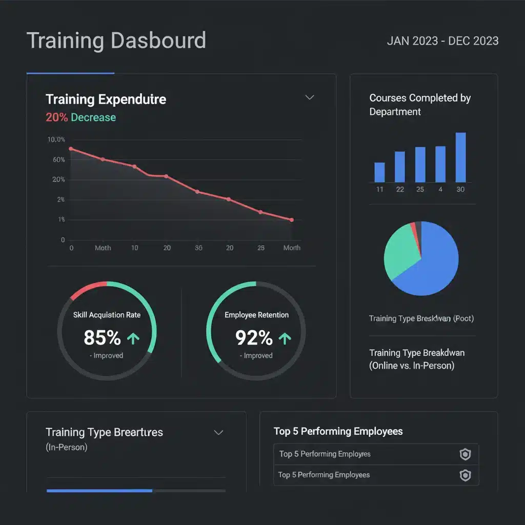 Dashboard showing 20% training cost reduction and improved KPIs.