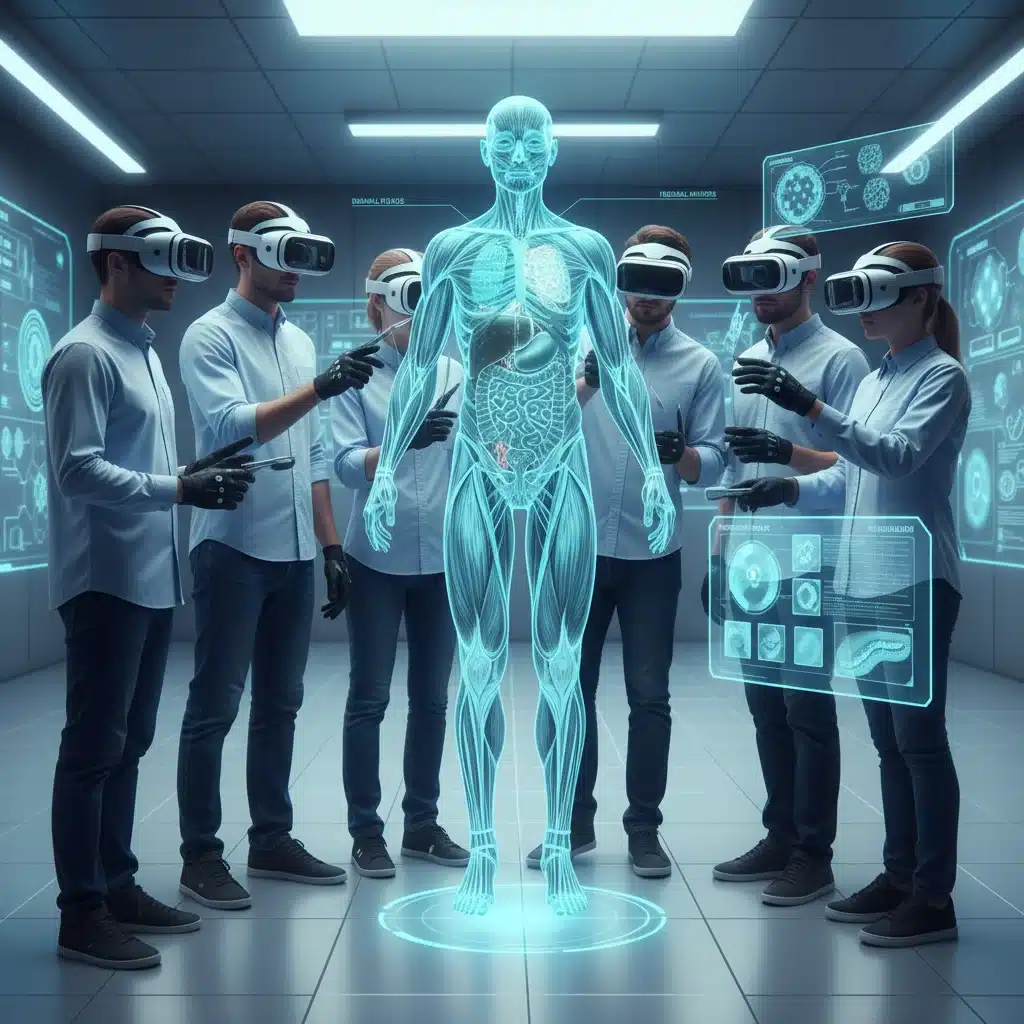 Medical students in a virtual reality anatomy lab collaborating on a 3D human body dissection.